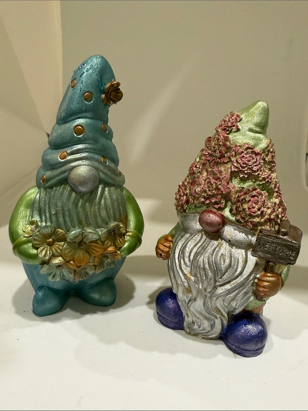 Pair of Decorative Resin Garden Gnome Figurines - Green & Blue